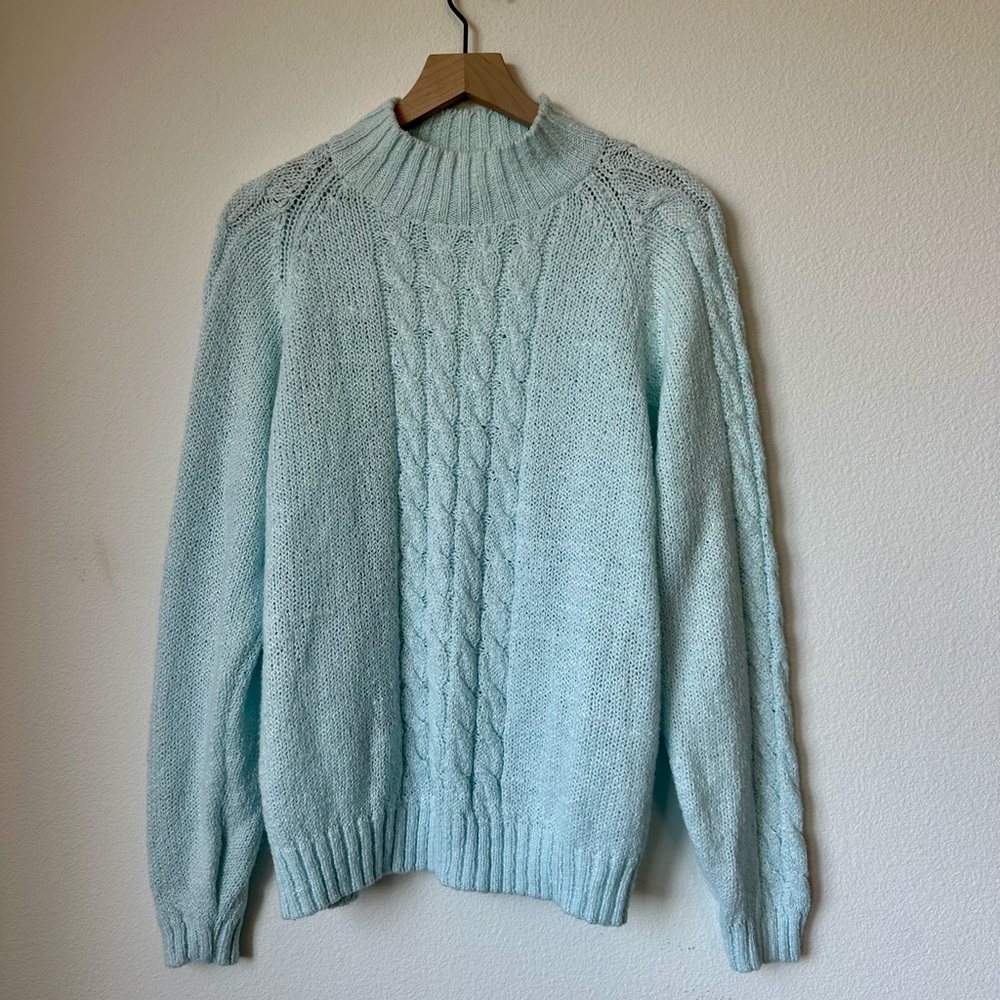 TJW by Mervyn’s 80s Chunky Mock Neck Cable Knit Sweater Pastel Mint Size Large